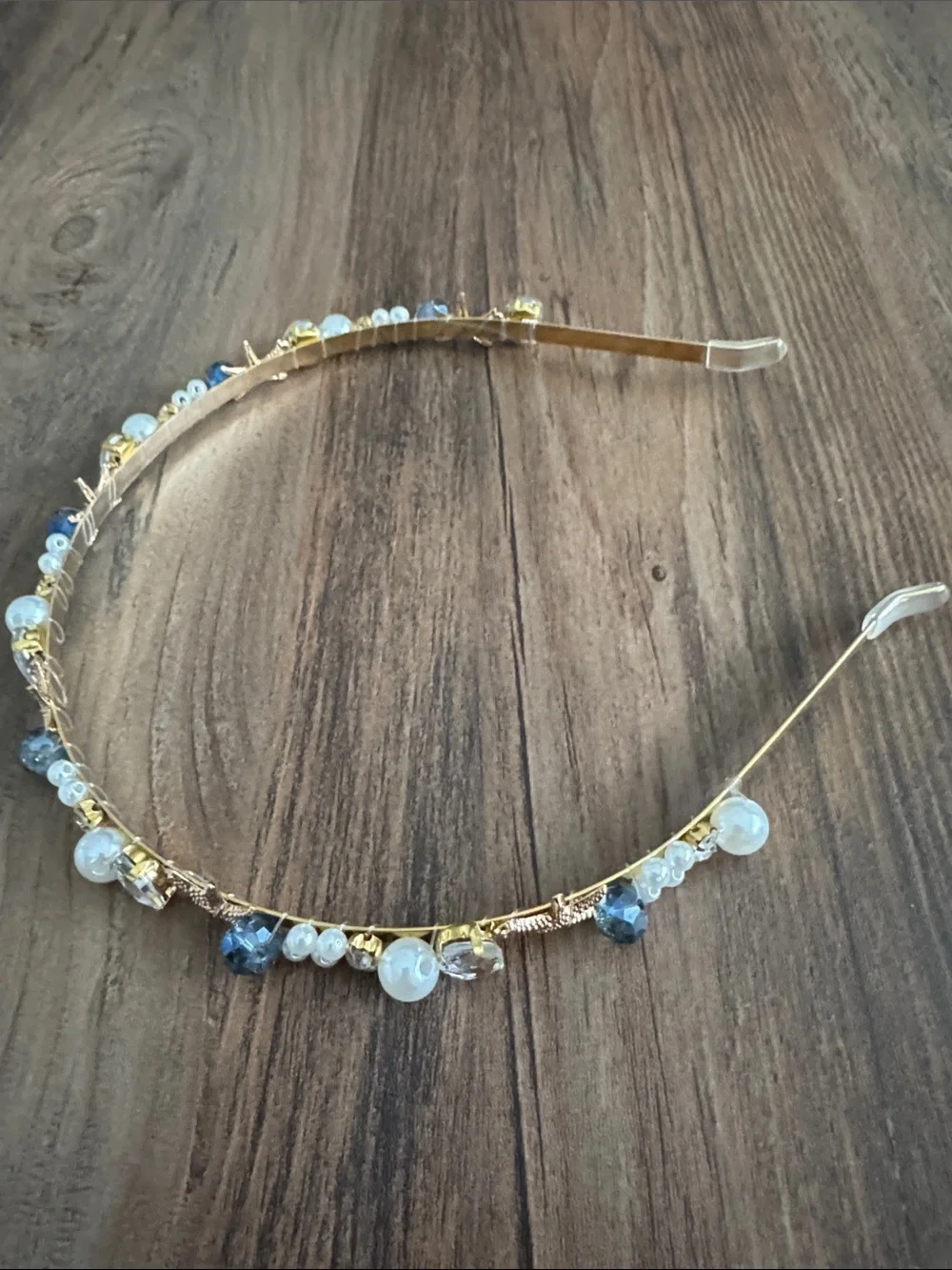 Gold Shell & Pearl Headband with Blue Crystal Accents